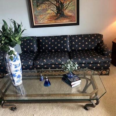 Reduced price! $90 OBO! Vintage 1970s era blue floral print sofa. Excellent condition. Two blue arm chairs with matching pillows also...