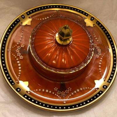 50's Frosted Orange & Gilded Glass, Possibly Anchor Hocking Covered Dip/Candy Dish