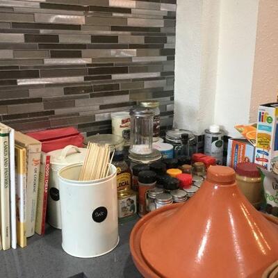 Cookbooks, Canisters, Spices, Clay Tangine.
