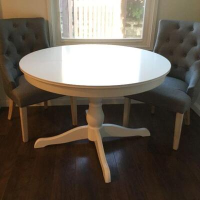 Round Pedestal Table (43in Diameter), 2 Upholstered Chairs