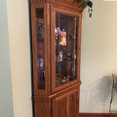 Richardson Brothers Furniture Co. 2PC Lighted - Corner Curio Cabinet W/Leaded Beveled Glass - 80"H x 28"D x 28"W - $140