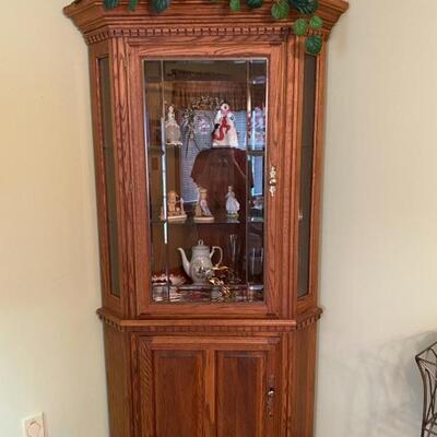 Richardson Brothers Furniture Co. 2PC Lighted - Corner Curio Cabinet W/Leaded Beveled Glass - 80"H x 28"D x 28"W - $140