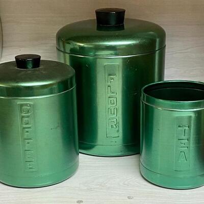 Green metal canister set, tea canister top missing