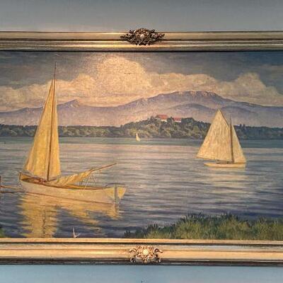 Large Antique Oil Painting. Seaside Sailboat Scene by Rudolph Hause-1922