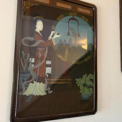 Vintage oriental reverse painting on glass of Chinese lady with bird