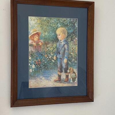 Framed print, children with dog in garden