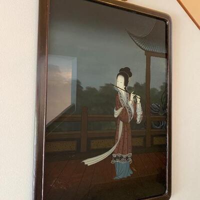Vintage oriental reverse painting on glass of Chinese lady playing flute
