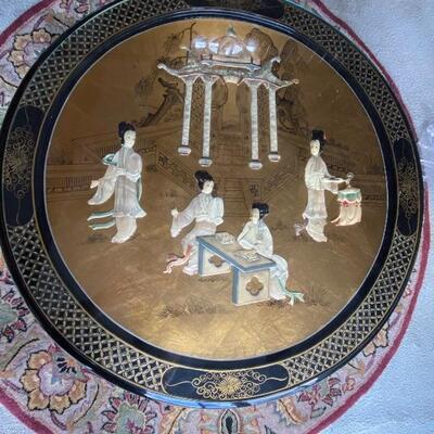 Oriental coffee table with mother of pearl and 4 stools, top view