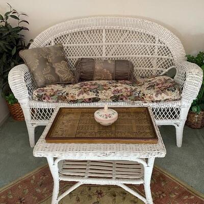 Wicker love seat, coffee table (part of seating group)