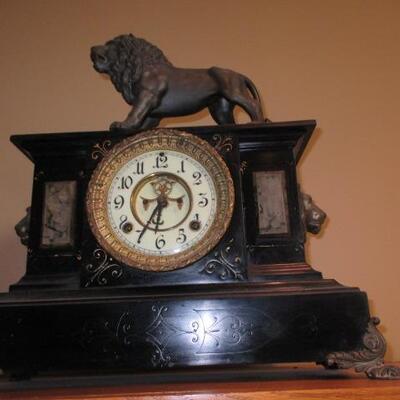 French Style Mantle Clock With Lion Brass Vintage 