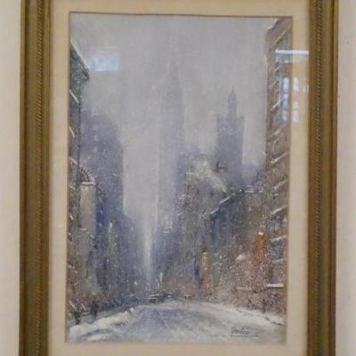 1047	LEON DOLICE CITYSCAPE PRINT-SNOWSTORM, 17 1/4 IN X 23 1/4 IN INCLUDING FRAME
