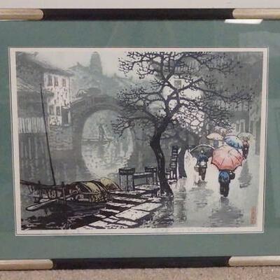 1049	PENCIL SIGNED JAPANESE LIMITED EDITION PRINT, CITY SCENE IN A RAIN STORM, #73 OF 200, 25 IN X 10 1/2 IN INCLUDING FRAME
