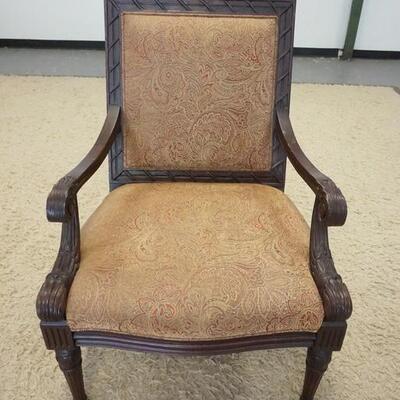 1035	BENTLY CHURCHILL GENTLEMANS ARM CHAIR CARVED FRAME & UPHOLSTERED SEAT & BACK. 
