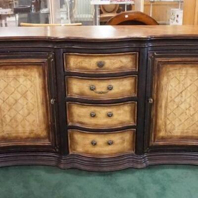 1055	4 DRAWER 2 DOOR SIDEBOARD W/PAINT DECORATED PANELS, PATTERNED VENEER TOP & SERPENTINE FRONT, 2 PULLS PARTIALLY MISSING, 72 IN WIDE X...