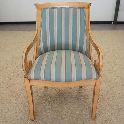 1012	SCROLL ARM CHAIR W/ STRIPED UPHOLSTERY. 22 1/2 IN W, 36 1/4 IN H 
