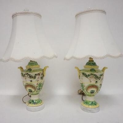 1077	PAIR OF HAND PAINTED PORCELAIN LAMPS, TAILOR MADE CLOTH SHADES, 19 IN HIGH

