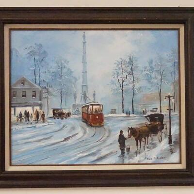 1052	DICK SCHISLER ACRYLIC  *EASTON CIRCLE* ON ARTIST BOARD, WINTER, 25 IN X 21 IN INCLUDING FRAME
