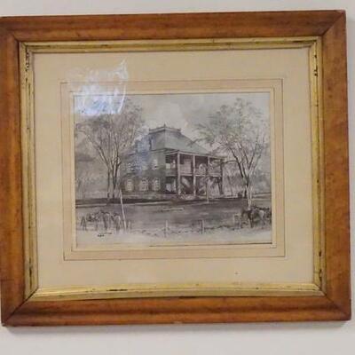 1051	PRINT OF A LARGE HOUSE W/HORSES TETHERED IN FRONT, APPEARS TO BE PENCIL SIGNED UNDER THE MAT, MAPLE FRAME W/GOLD LINER, 20 IN X 17...
