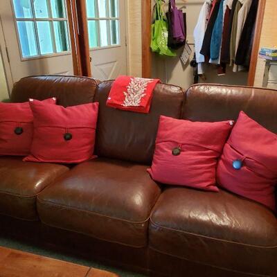 Brown Leather Couch & 4 Down Pillows