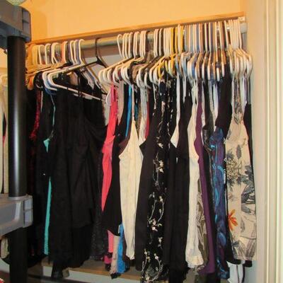 3 closets full of clothes.  Most tops are large and X large. Pants are mostly sizes 12-14