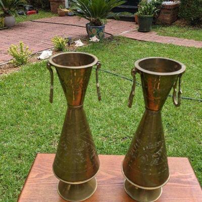 Vintage Hammered Brass Vases with Handles