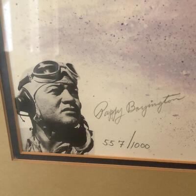 Vintage WWII fighter aircraft signed and numbered print.    Signed by Pappy Boyington.  