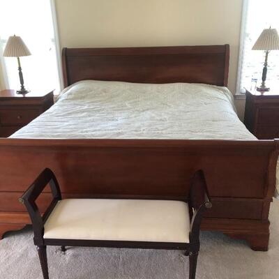 MASTER BEDROOM DRESSER AND MIRROR,   SLEIGH BED FRAME AND 2 NIGHTSTANDS.