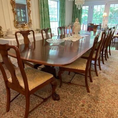 Banquet dining table. 3 pedestals, 2 leaves, 12 chairs 