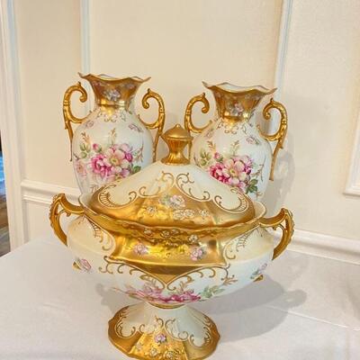 Royal Crown Hand Painted Vases and Lidded Tureen 