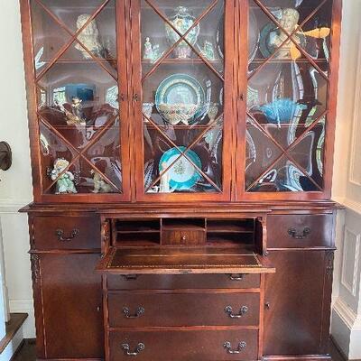 Vintage Saginaw Furniture Mahogany China Cabinet with drop down butler's desk and beautiful bubble glass door panels