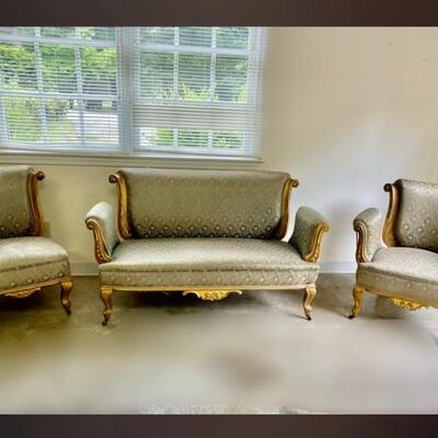 Stunning Antique Gilded Wood Framed Victorian Settee With matching Chairs