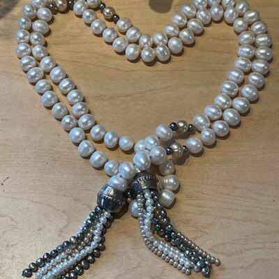 Mignon Faget Baroque pearl lariat with silver beads