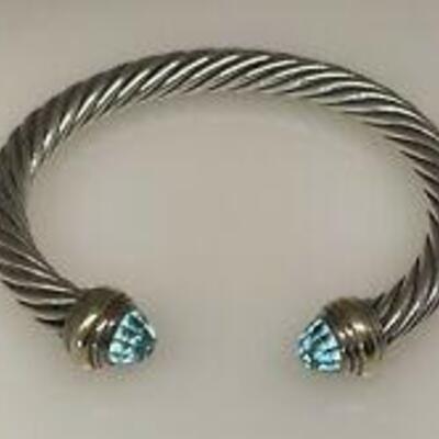 David Yurman 7mm sterling & 14kt cable bracelet with blue topaz