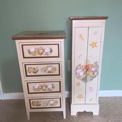 This is a matching cabinet and chest of drawers. They are both made from a lightweight wood and feature a beach theme with seashells....