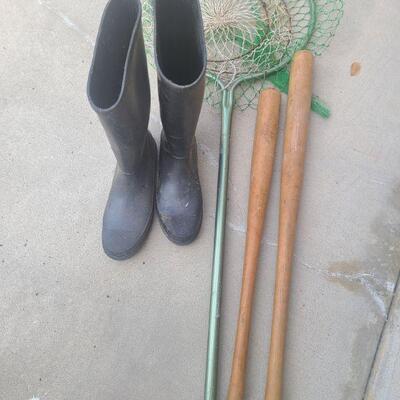 Size 11 rubber boots fully waterproof. Two fishing nets and if those dont work theres always the bats. Two wooden bats smaller one has a...