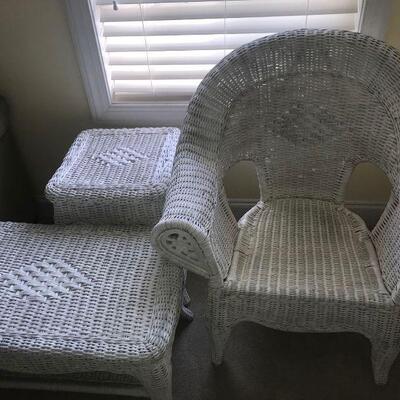 This lot contains a wicker chair (20â€ x 30â€) with a height of 32â€, a side table (15â€ x 15â€) with a height of 22â€, and lastly...