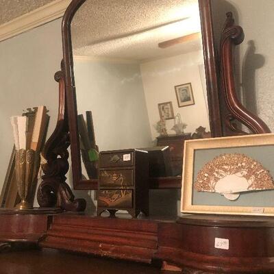 Antique Walnut Vanity Mirror with drawer and side boxes
