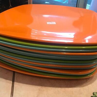 Various colorful square dinner plates