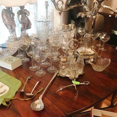 Antique Figurines Porcelain Lamps, Crystal Stemware