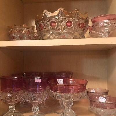 Kings Crown Cranberry Flashed Serving Pieces and Sherbet Glasses
