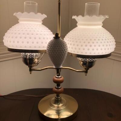Double arm student lamp w/milk glass hobnail shades
$30