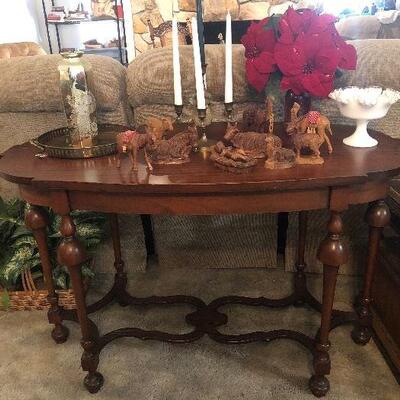 Vintage Cherry Tall table. 6 legs with ornate stretchers, 1 hidden drawer