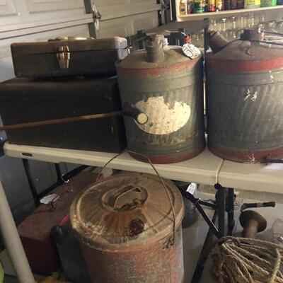 Old galvanized gas cans, watering cans