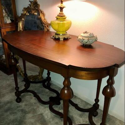 Gorgeous Cherry Oval occasional tall table 6 leg with ornate double stretchers 