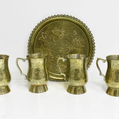Saudi Arabia Brass Serving Tray with Matching Mugs
