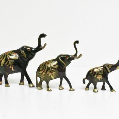 3 Pc Painted Brass Elephant Figurines