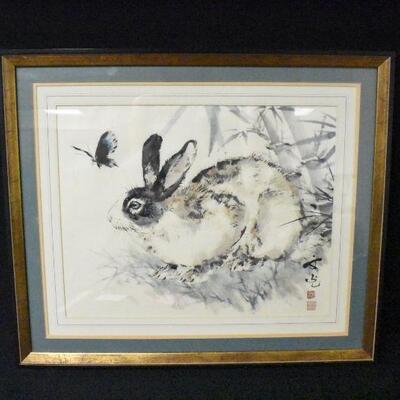 Rabbit & Butterfly Watercolor Unknown Artist