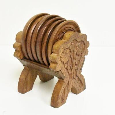 Hand Carved Sheesham Wooden Coaster Set with Inlay