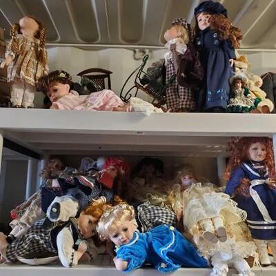 
#5064 â€¢ 2 Shelves Of Porcelain Dolls