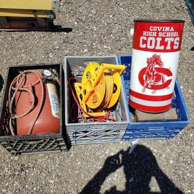 
#60022 â€¢ Air Compressor, Two Extension Cords, Covina High School Trash bin And Railroad Track Beam